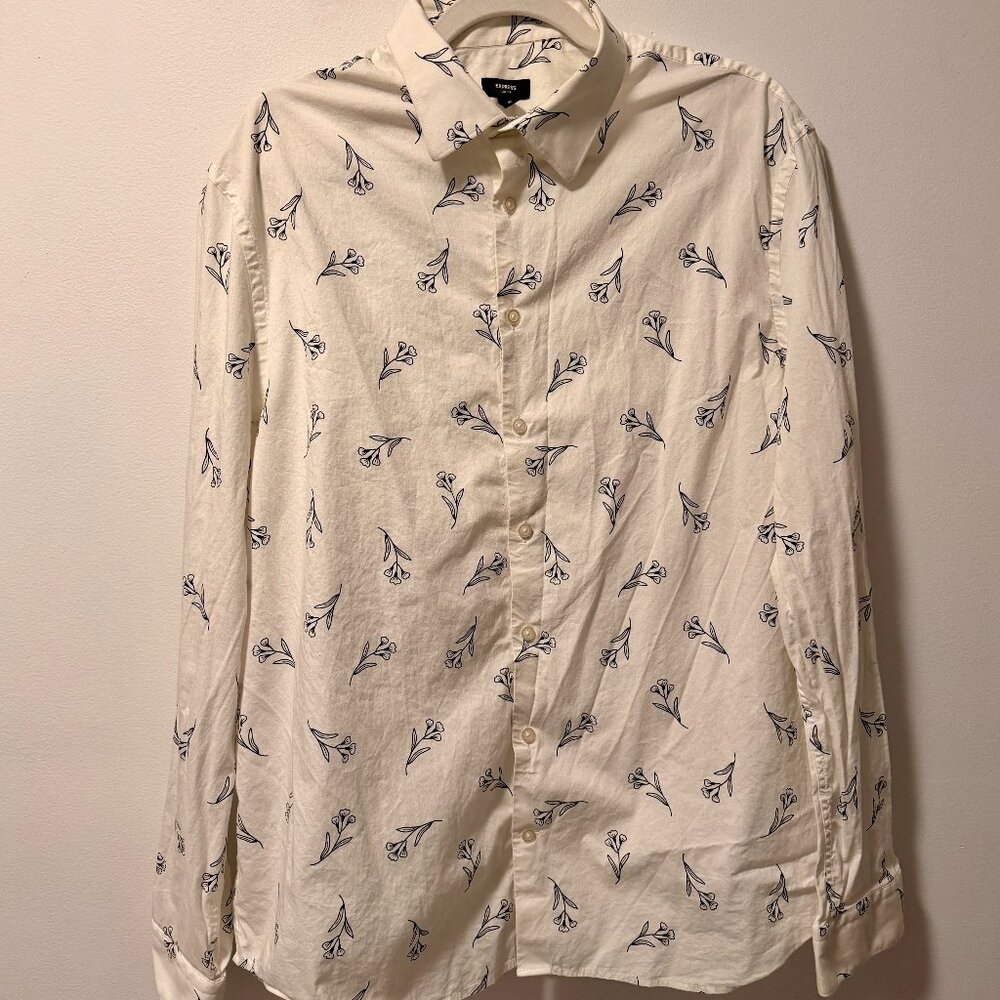 Express Men’s 1MX Slim Dress Shirt XL – White w/ Black Floral Pattern